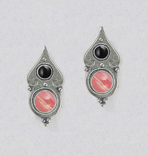 Sterling Silver Gothic Look Post Stud Earrings With Rhodocrosite And Black Onyx